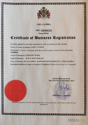 Certificat d'enregistrement d'entreprise en Gambie